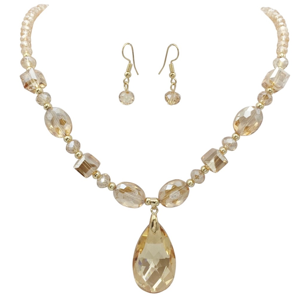 Topaz Golden Glass Teardrop Necklace Earrings Set